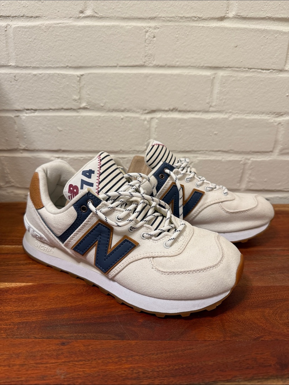 New Balance Women's 574 Sneakers — Cream, Navy & Tan Canvas